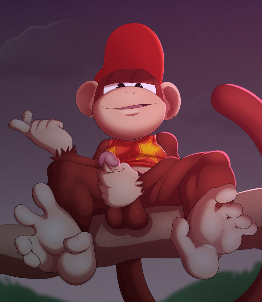 2019 absurd_res balls clothing diddy_kong donkey_kong_(series) half-closed_eyes hat headgear headwear hi_res jerseydevil looking_at_viewer male mammal masturbation monkey nintendo penis primate smile smirk solo tree video_games