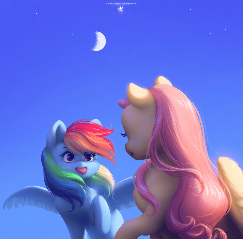 duo equid equine female fluttershy_(mlp) friendship_is_magic hi_res mammal moon my_little_pony pterippus rainbow_dash_(mlp) sky star tongue tongue_out ukulilia wings