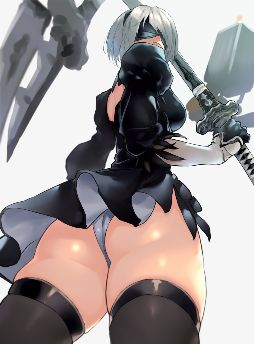 1girl ass back black_dress black_legwear breasts dress flint floating floating_object gloves hairband highres holding katana mole mole_under_mouth negresco nier_(series) nier_automata pod_(nier_automata) short_hair silver_hair solo sword thighhighs weapon yorha_no._2_type_b