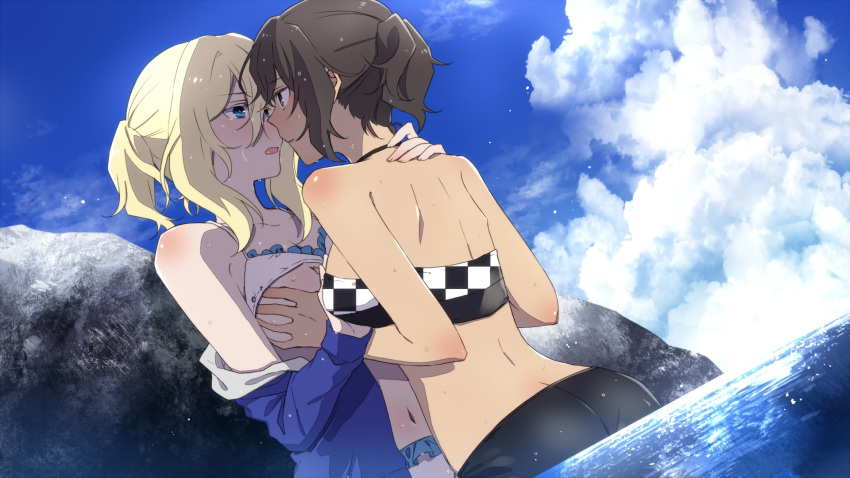 2girls alternate_hairstyle amazuki_jou andou_(girls_und_panzer) bare_shoulders black_hair blonde_hair blue_eyes blue_sky blush breast_grab breasts brown_eyes butt_crack checkered checkered_swimsuit cloud cloudy_sky collarbone face-to-face frilled_swimsuit frills girls_und_panzer grabbing hand_on_another's_shoulder highres jacket long_sleeves medium_hair messy_hair multiple_girls navel open_mouth oshida_(girls_und_panzer) ponytail rock shoulder_blades sky swimsuit water water_drop yuri