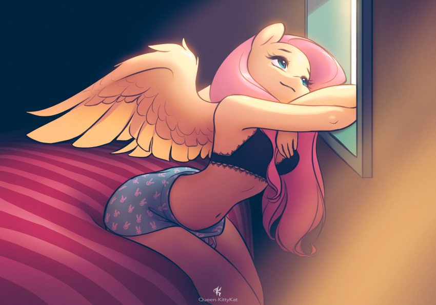 2019 anthro anthrofied bed bottomwear bra clothing equid equine female fluttershy_(mlp) friendship_is_magic hair hi_res leaning mammal my_little_pony pink_hair pose pterippus shorts sitting solo ukulilia underwear window wings