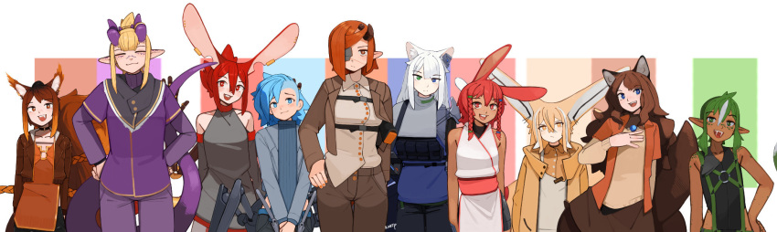 6+girls :3 =_= animal_ear_fluff animal_ears apron aqua_eyes aqua_hair black_choker black_shirt blonde_hair blue_eyes blue_sweater blush braid breasts bright_pupils brown_eyes brown_hair brown_jacket brown_shirt brown_skirt cat_ears cat_girl ceera_(kart_prowler) character_name choker closed_eyes closed_mouth clothing_cutout collarbone colored_tips commentary dark-skinned_female dark_skin ear_tag english_commentary eyelashes eyepatch fang fangs fingernails fiya_(kart_prowler) fox_ears fox_girl fox_tail green_eyes green_hair grey_jacket grey_shirt grey_shorts hair_between_eyes hair_ornament hairclip hand_on_own_chest hands_on_own_hips heterochromia highres hip_vent hood hood_down hooded_jacket horns jacket japanese_clothes kart_prowler kasumi_(kart_prowler) kimono kit_(kart_prowler) laffy_(kart_prowler) lineup lizard_tail long_hair long_sleeves mechanical_arms mechanical_legs medium_hair mouse_ears mouse_girl multicolored_hair multiple_girls nail_polish name_tag natsuki_(kart_prowler) noko_(kart_prowler) nyx_(kart_prowler) open_clothes open_jacket open_mouth orange_eyes orange_hair orange_jacket orange_nails orange_shirt original pants pointy_ears purple_horns purple_jacket purple_pants purple_shirt rabbit_ears rabbit_girl raku_(kart_prowler) red_eyes red_hair red_sash reptile_girl sash shirt short_hair shorts shoulder_cutout sidelocks simple_background single_mechanical_arm skirt sleeveless sleeveless_kimono sleeveless_shirt smile squirrel_ears squirrel_girl squirrel_tail streaked_hair sweater tail teeth toskr_(kart_prowler) twin_braids two-tone_hair upper_teeth_only white_apron white_background white_hair white_kimono white_pupils white_shirt yellow_jacket