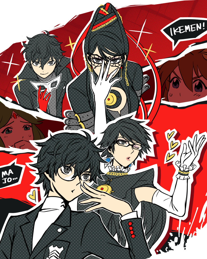 2boys 2girls amamiya_ren badge bayonetta bayonetta_(character) bayonetta_2 black_eyes black_hair black_jacket brown_hair circlet dual_persona earrings eyelashes furono_(fuloru) glasses gloves green_hair heart highres jacket jewelry kid_icarus kid_icarus_uprising looking_at_viewer mask multiple_boys multiple_girls o3o one_eye_closed palutena persona persona_5 pit_(kid_icarus) poses red_gloves school_uniform shuujin_academy_uniform smile speech_bubble super_smash_bros. upper_body white_gloves