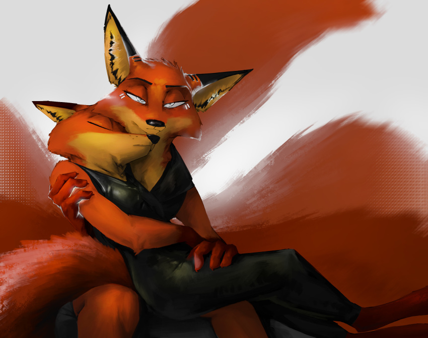 2019 ambiguous_gender anthro barefoot black_ears brown_ears canid canine cheek_tuft clothed clothing cradling disney duo elbow_tufts eyes_closed fan_character fox gloves_(marking) half-closed_eyes head_tuft hi_res looking_at_viewer mammal markings neveen_(kulkum) nick_wilde red_fox simple_background sitting sleeping thewyvernsweaver tuft white_background zootopia