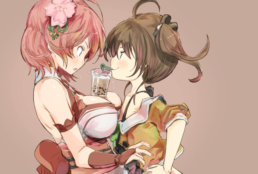 2girls ahoge asymmetrical_docking breast_press breasts brown_hair bubble_tea_challenge character_request drinking drinking_straw eye_contact flat_chest flower green_eyes hair_flower hair_ornament hair_ribbon large_breasts looking_at_another multiple_girls pink_hair ribbon short_hair smirk twintails upper_body yohane yuri