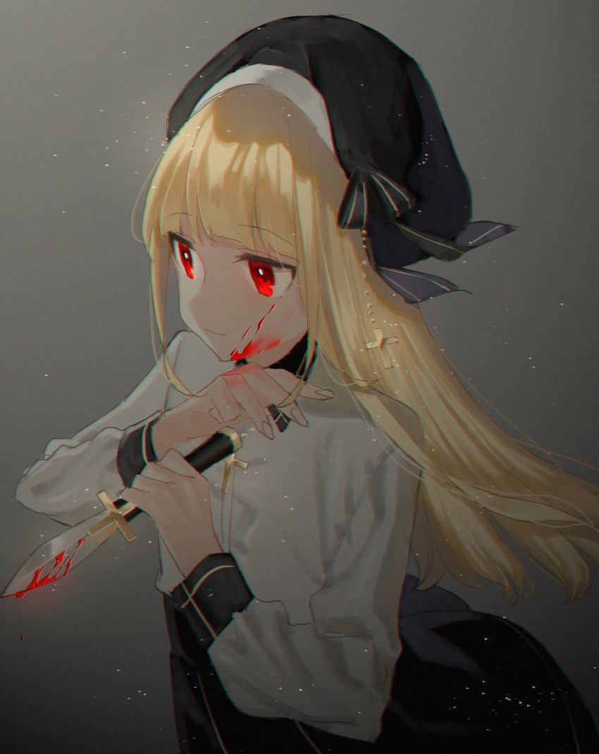 1girl bangs black_headwear black_skirt blonde_hair blood blood_on_face bloody_knife blouse bow commentary cross eyebrows_visible_through_hair from_side grey_background hat highres holding holding_weapon knife long_hair long_sleeves looking_to_the_side original red_eyes satellite12 simple_background skirt smile solo upper_body weapon