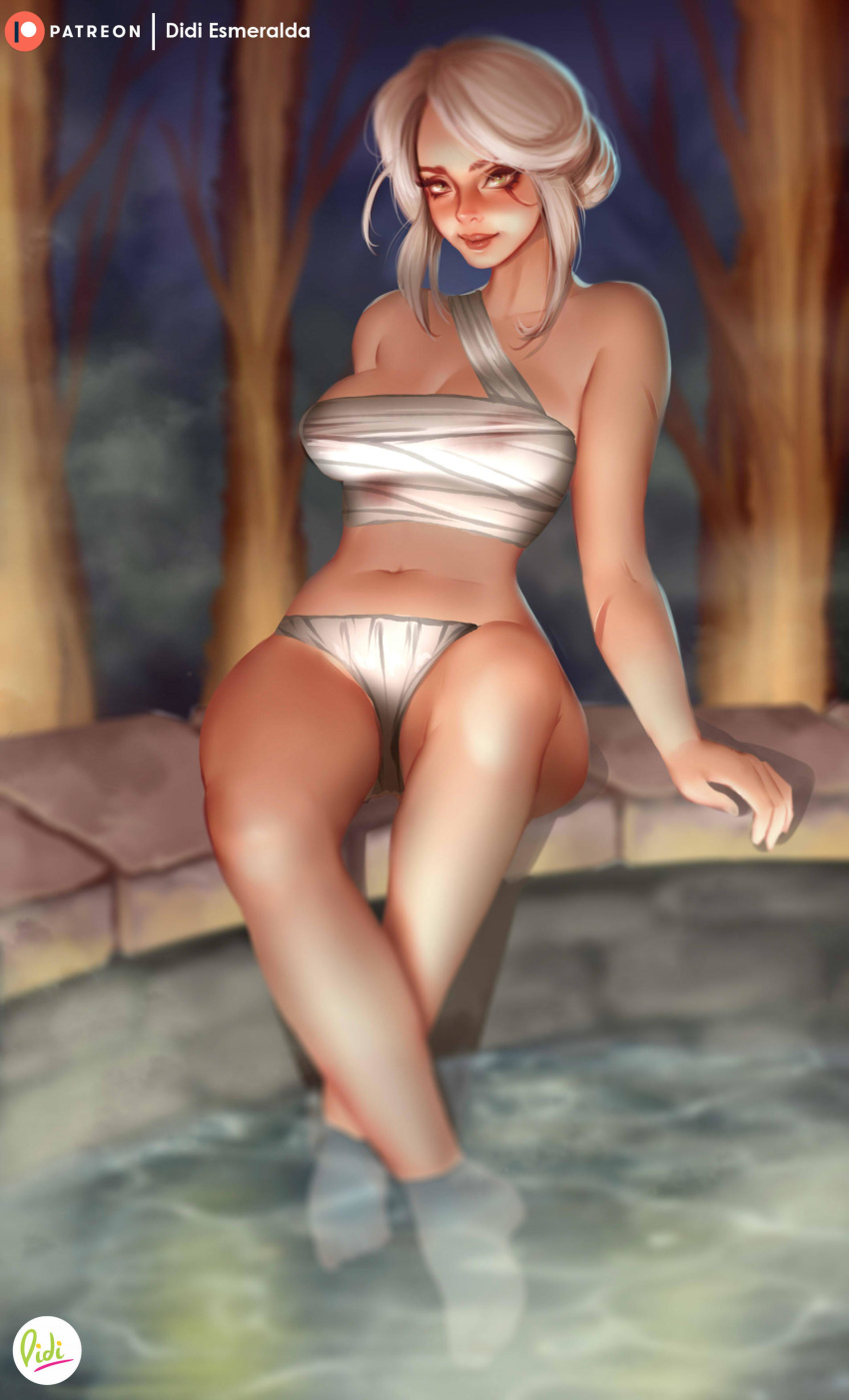 1girl absurdres breasts ciri didi_esmeralda freckles full_body gradient_hair highres jewelry long_hair looking_at_viewer medium_breasts multicolored_hair navel panties sarashi scar short_hair silver_hair smile solo the_witcher the_witcher_3 underwear water white_panties