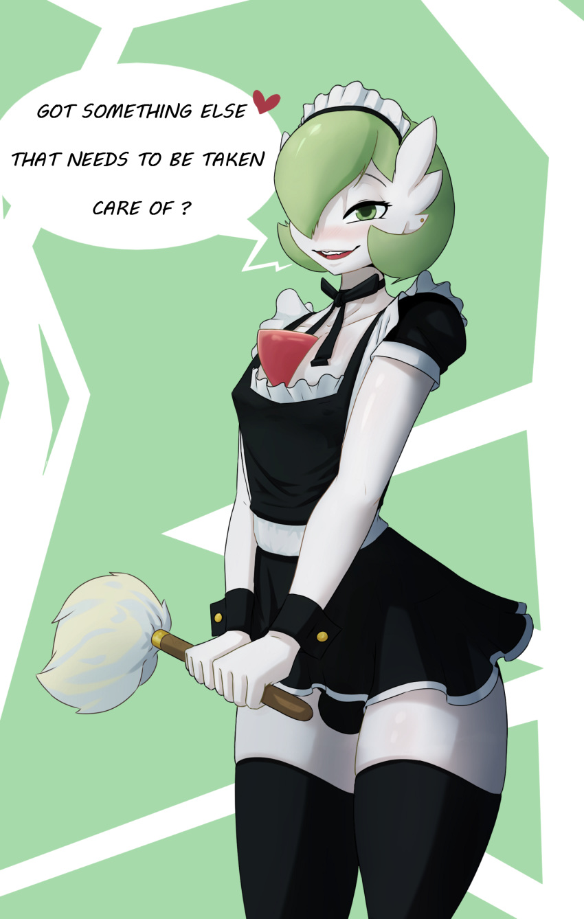 &lt;3 2019 black_clothing black_panties black_underwear blush bottomwear bulge clothed clothing crossdressing digital_media_(artwork) ear_piercing ear_ring english_text feather_duster gardevoir girly green_eyes green_hair hair hair_over_eye hi_res humanoid krimble legwear looking_at_viewer maid_uniform male miniskirt nintendo open_mouth open_smile panties piercing pok&eacute;mon pok&eacute;mon_(species) question ribbons simple_background skirt smile solo speech_bubble standing teeth text thigh_highs underwear uniform video_games