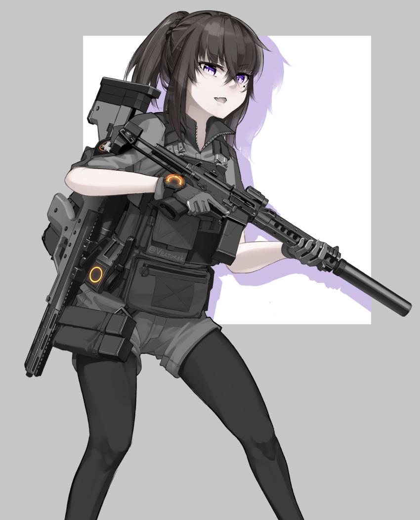 1girl absurdres artist_name assault_rifle black_hair black_legwear carabiner commentary eyebrows_visible_through_hair fang fangs from_side gloves grey_gloves gun highres holding holding_gun holding_weapon looking_at_viewer m4_carbine military open_mouth original pantyhose pocket ponytail purple_eyes rifle scope shadow shorts sidelocks simple_background sleeves_rolled_up smile solo standing suppressor tom_clancy's_the_division vectorek watch weapon