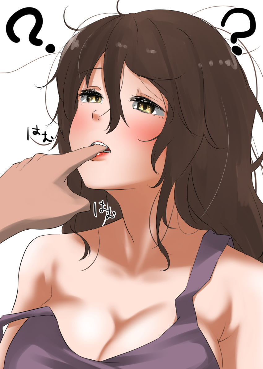 1girl ? ashigara_(kantai_collection) blush breasts brown_eyes brown_hair brown_shirt commentary_request eyebrows_visible_through_hair finger_in_mouth hair_between_eyes highres kantai_collection large_breasts long_hair open_mouth shirt tama_(seiga46239239) wavy_hair