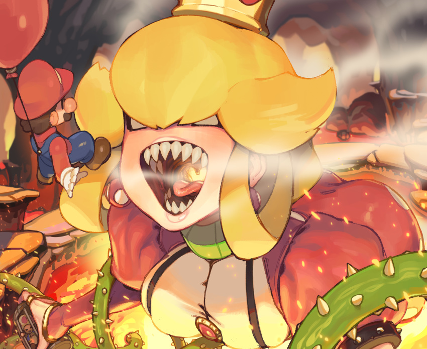 1girl 2boys balloon blonde_hair blue_overalls breasts breathing_fire brown_hair cage cave dress earrings facial_hair fire flying giantess glo-s-s gloves highres jewelry lava_piranha looking_at_another mario mario_(series) molten_rock multiple_boys mustache no_pupils open_mouth paper_mario personification plant red_dress red_headwear red_shirt sharp_teeth shirt size_difference steam super_crown super_mario_bros. teeth thorns toad underground vines white_gloves