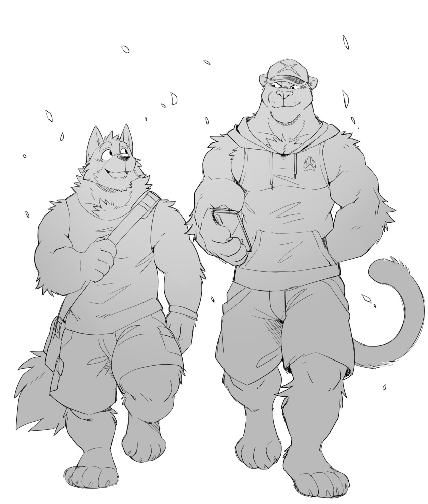 2019 absurd_res anthro biceps canid canine canis chest_tuft clothed clothing duo felid fur hi_res male mammal muscular muscular_male pantherine ray_(takemoto_arashi) takemoto_arashi tuft