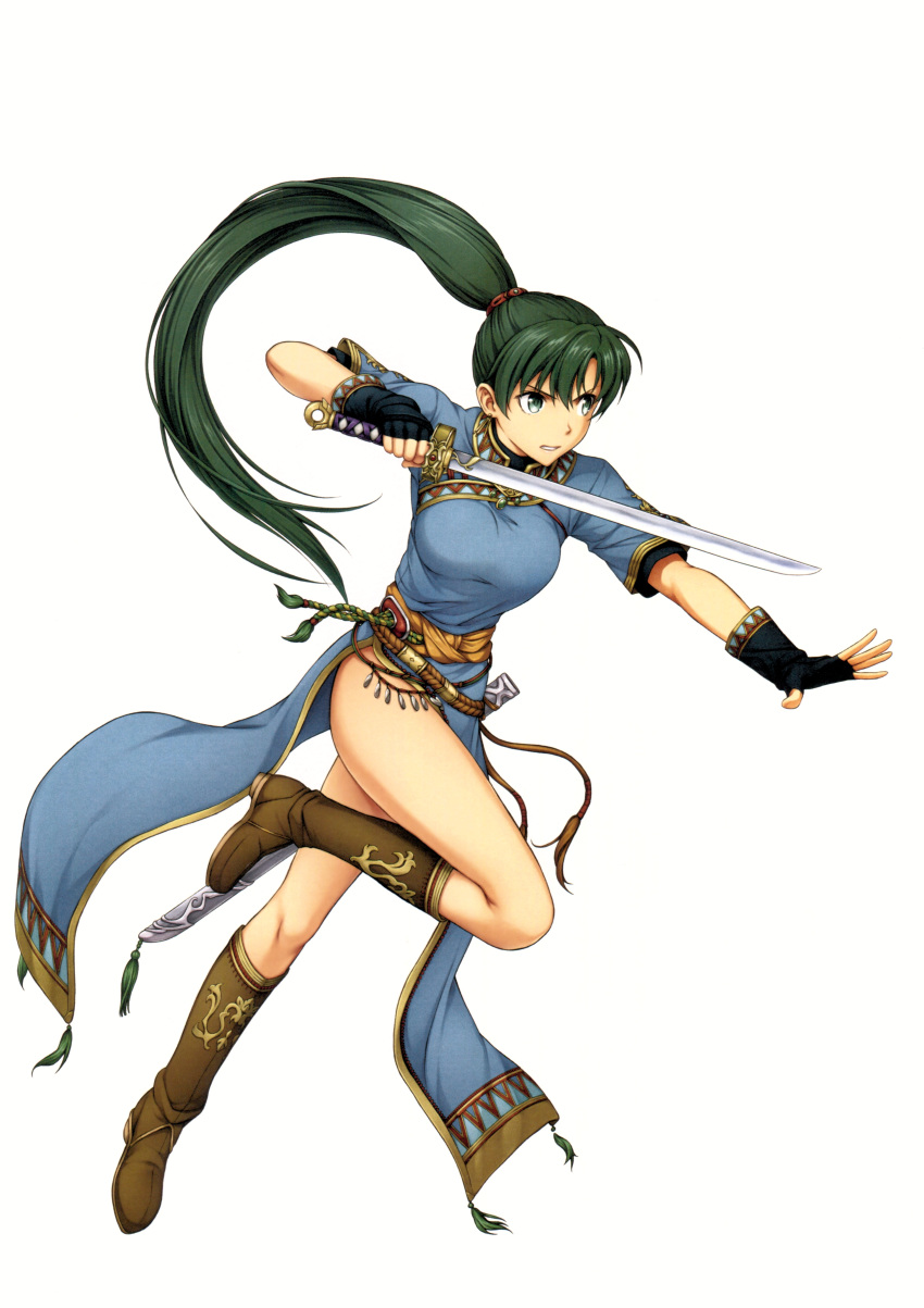 1girl absurdres attack bare_legs breasts dress fighting_stance fire_emblem fire_emblem:_rekka_no_ken fire_emblem_heroes full_body green_eyes green_hair highres holding holding_weapon leg_up long_hair long_ponytail lyndis_(fire_emblem) medium_breasts official_art pelvic_curtain scan side_slit solo sword very_long_hair weapon white_background yamada_koutarou