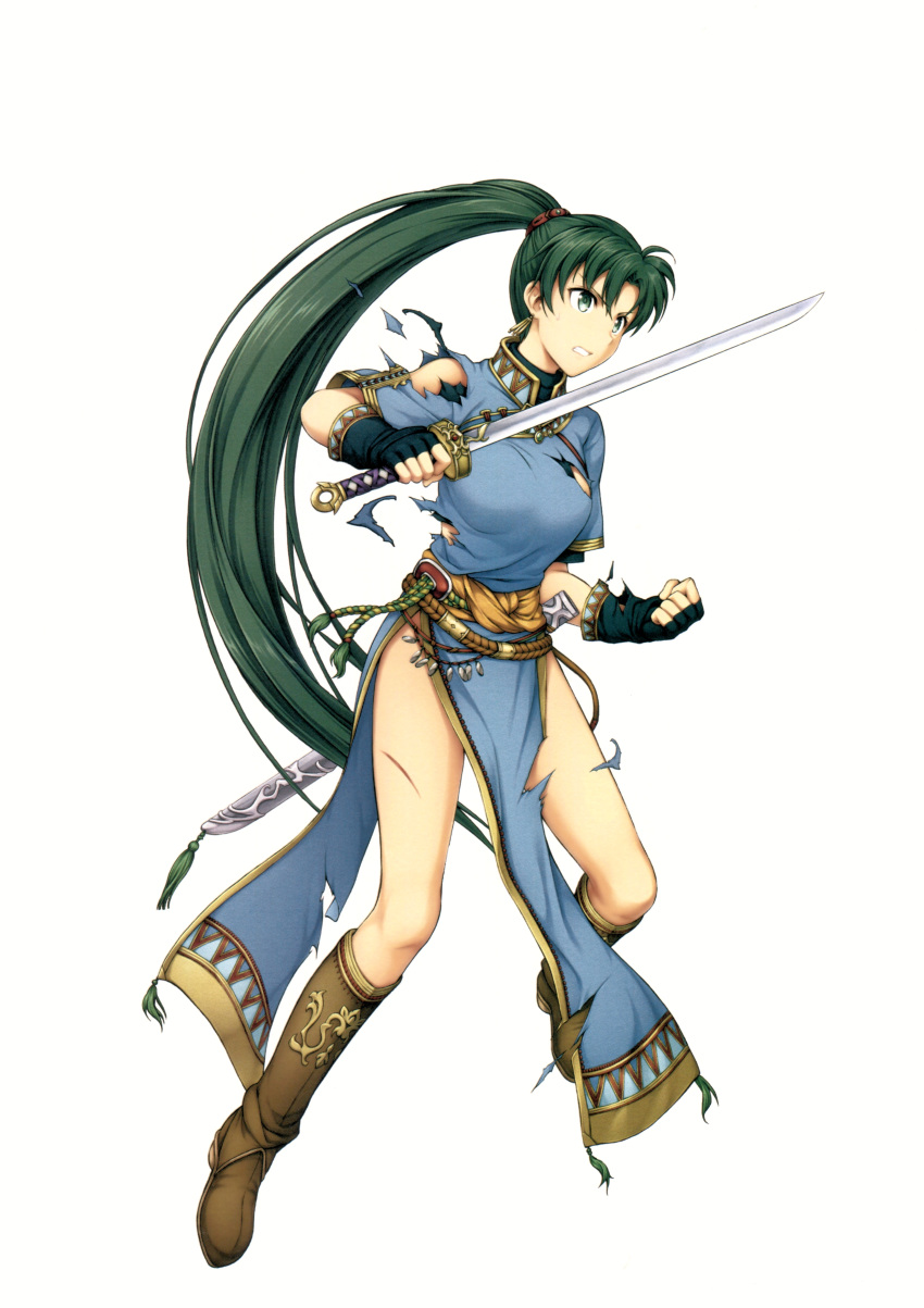 1girl absurdres bangs belt boots breasts brown_footwear clenched_hand clenched_teeth dress earrings fingerless_gloves fire_emblem fire_emblem:_rekka_no_ken fire_emblem_heroes full_body gloves green_eyes green_hair high_ponytail highres holding holding_sword holding_weapon jewelry knee_boots long_hair long_ponytail lyndis_(fire_emblem) medium_breasts official_art parted_lips pelvic_curtain ponytail scan scar sheath shiny shiny_hair short_sleeves simple_background solo sword teeth tied_hair torn_clothes very_long_hair weapon white_background yamada_koutarou