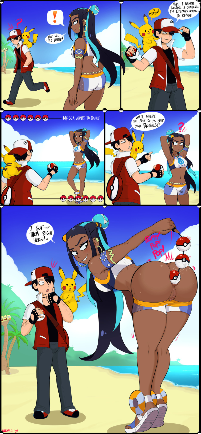 2019 absurd_res alolan_exeggutor anal_beads anus beach bent_over bottomwear clothed clothing comic detailed_background english_text female gym_leader hat headgear headwear hi_res holding_object holding_pok&eacute;ball homer_simpson human human_focus male mammal nessa_(pok&eacute;mon) nintendo pants penetration pikachu pok&eacute;ball pok&eacute;ball_anal_beads pok&eacute;ball_insertion pok&eacute;ball_sex_toy pok&eacute;mon pok&eacute;mon_(species) pussy red_(pok&eacute;mon) regional_variant rodent seaside sex_toy shadman shirt standard_pok&eacute;ball standing surprise text topwear video_games water