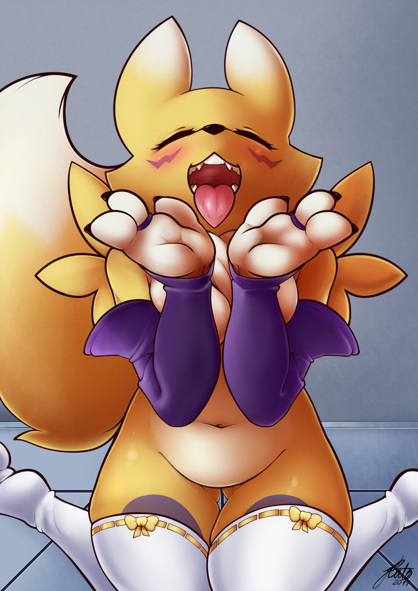 2019 absurd_res anthro belly blush canid canine clothed clothing digimon digimon_(species) digital_media_(artwork) eyes_closed female fur hi_res legwear mammal navel open_mouth renamon slightly_chubby solo sruto theeth thick_thighs tongue tongue_out yellow_fur