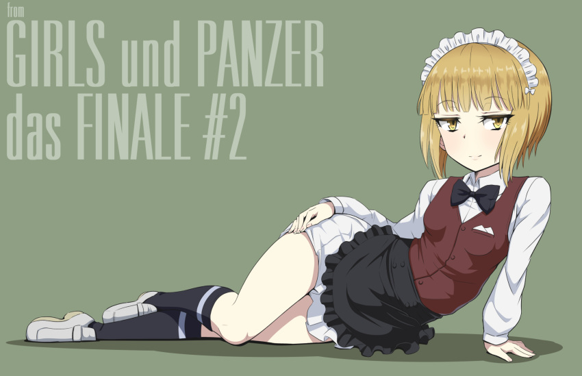 1girl apron arm_support bangs bartender black_apron black_neckwear blonde_hair blunt_bangs bow bowtie brown_background brown_vest closed_mouth commentary_request copyright_name cutlass_(girls_und_panzer) dress_shirt english_text eyebrows_visible_through_hair frilled_apron frills girls_und_panzer girls_und_panzer_saishuushou half-closed_eyes hand_on_hip handkerchief highres legs loafers long_sleeves looking_at_viewer lying maid_headdress miniskirt navy_blue_legwear on_side pleated_skirt print_legwear school_uniform sekai_saisoku_no_panda shadow shirt shoes short_hair skirt smile socks solo vest waist_apron white_footwear white_shirt white_skirt wing_collar yellow_eyes