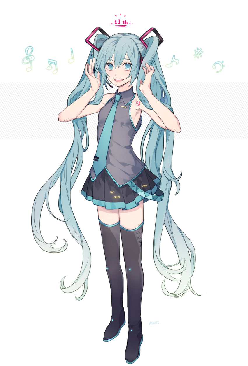 1 :d black_footwear black_skirt blue_eyes blue_hair blue_neckwear boots breasts collared_shirt dress_shirt floating_hair full_body grey_shirt hair_between_eyes hair_ornament hatsune_miku headphones headset highres long_hair looking_at_viewer microphone miniskirt misugi_jun multiple_girls necktie open_mouth pleated_skirt shirt sideboob skirt sleeveless sleeveless_shirt sleeves small_breasts smile solo tattoo thigh_boots thighhighs twintails very_long_hair vocaloid white_background wing_collar zettai_ryouiki