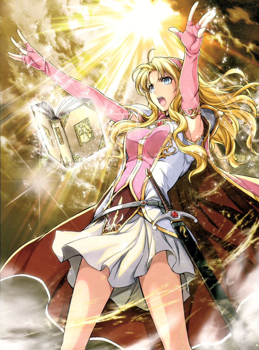 1girl absurdres ahoge armor bangs belt blonde_hair blue_eyes book breasts cape cloud cloudy_sky elbow_gloves fingerless_gloves fire_emblem fire_emblem:_hasha_no_tsurugi fire_emblem_cipher floating floating_object gloves hairband hands_up highres long_hair magic medium_breasts official_art open_book open_mouth outdoors parted_bangs pink_gloves scan sheath shoulder_armor shoulder_pads skirt sky sleeveless solo sparkle sunlight sword teeth tiena weapon white_skirt yamada_koutarou