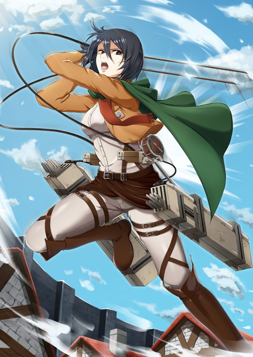 1girl black_eyes black_hair blue_sky boots breasts cape cloud coat cropped_jacket green_cape highres house impossible_clothes impossible_shirt lens_flare medium_breasts mikasa_ackerman motion_lines pants red_scarf scarf shingeki_no_kyojin shirt sky solo stock-world three-dimensional_maneuver_gear wall