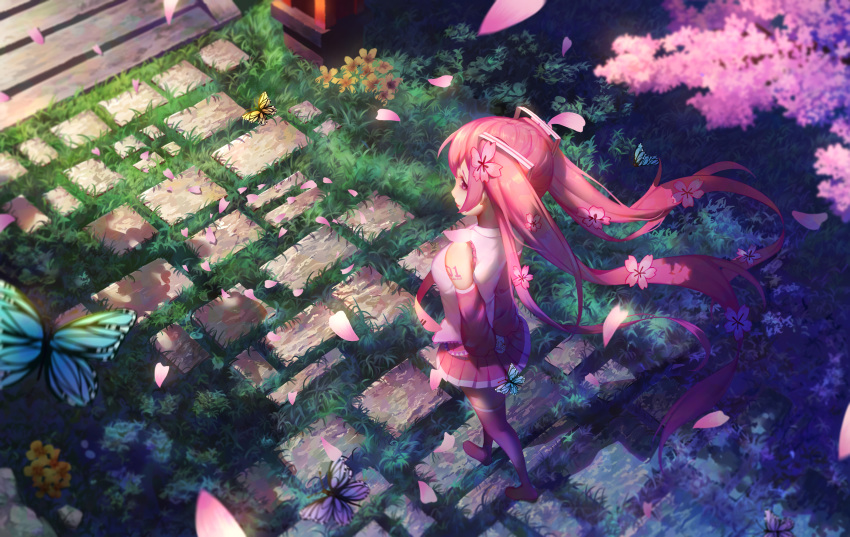 1girl absurdres arms_behind_back bare_shoulders black_hair boots bug butterfly cherry_blossoms detached_sleeves dutch_angle from_above hatsune_miku highres insect long_hair necktie pekakiu pink_eyes pink_hair pink_neckwear sakura_miku skirt solo stairs stone_walkway thigh_boots thighhighs twintails vocaloid
