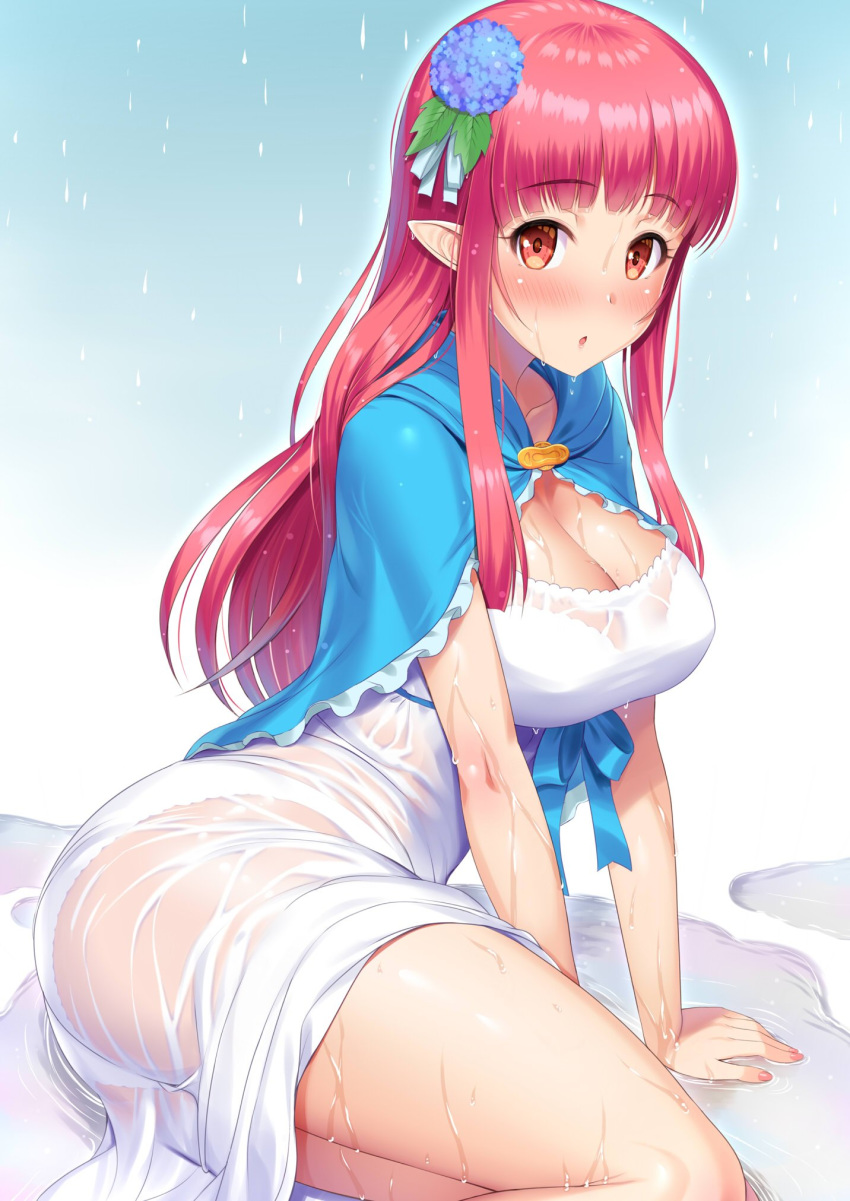 1girl blush breasts cleavage eyebrows_visible_through_hair hair_ornament highres kawase_seiki large_breasts looking_at_viewer pointy_ears rain rain_(sao) red_eyes red_hair simple_background solo sword_art_online wet wet_clothes