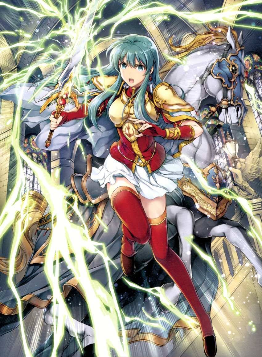 1girl absurdres animal aqua_eyes aqua_hair armor bangs boots bracelet breastplate cape earrings eirika elbow_gloves fingerless_gloves fire_emblem fire_emblem:_seima_no_kouseki fire_emblem_cipher gloves highres holding holding_sword holding_weapon horse indoors jewelry leg_up lightning long_hair looking_at_viewer official_art open_mouth red_footwear red_gloves shiny shiny_hair shoulder_armor sidelocks skirt solo sword thigh_boots thighhighs weapon white_skirt yamada_koutarou zettai_ryouiki