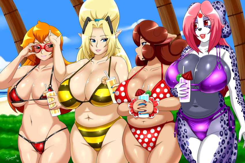 anthro beverage big_breasts bikini bovid bovine breasts canid canine canis cleavage clothed clothing dalmatian domestic_dog group hi_res humanoid mammal navel speeds swimwear
