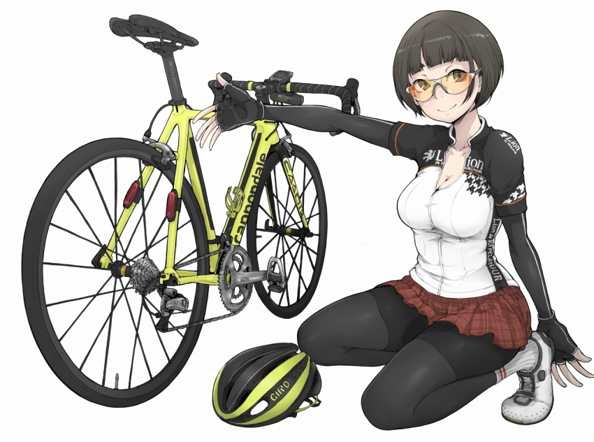 1girl bangs bicycle bicycle_helmet bike_jersey bike_shorts black_gloves black_shorts blunt_bangs bob_cut brown_eyes brown_hair closed_mouth double_horizontal_stripe fingerless_gloves gesture glasses gloves grey-framed_eyewear ground_vehicle helmet ina_(gokihoihoi) kneeling legs logo long_sleeves looking_at_viewer miniskirt original outside_border pantyhose plaid plaid_skirt pleated_skirt red_skirt shirt shoes short_hair short_over_long_sleeves short_sleeves shorts shorts_under_skirt simple_background skirt smile socks solo sunglasses tinted_eyewear white_background white_footwear white_legwear white_shirt yellow-tinted_eyewear