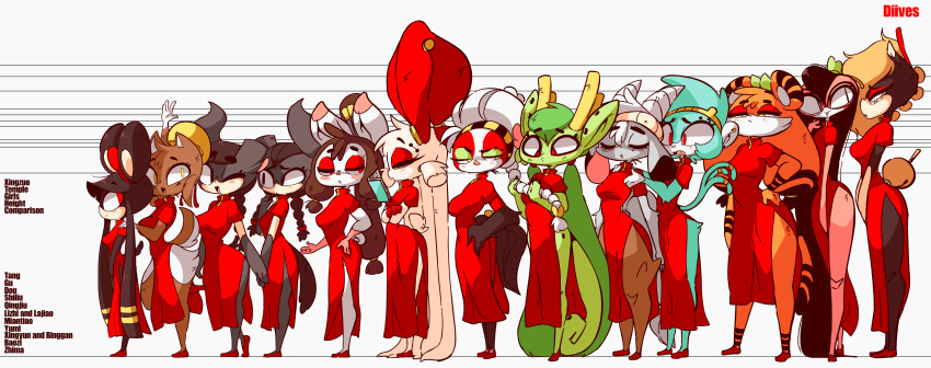 4_fingers absurd_res accessory avian baozi_(diives) beak binggan bird black_ears black_eyebrows black_feathers black_fur black_hair black_stripes black_tail blonde_hair blonde_tail blue_fur blue_hair blue_tail bovid bovine braided_hair breasts brown_ears brown_fur brown_hair brown_tail canid canine canis caprine chicken chinese_clothing chinese_dress clothing curled_tail digital_media_(artwork) diives dipstick_ears domestic_dog domestic_pig dou_(diives) dragon dress equid equine eye_contact eyebrow_piercing eyebrows eyelashes eyes_closed eyewear facial_piercing feathers felid female floppy_ears footwear forked_tail fur galliform gallus_(genus) glasses gloves_(marking) goat green_ears green_hair green_scales green_tail grey_ears grey_fur grey_horn group gu_(diives) hair headband hi_res horn horse lagomorph lajiao larger_female leporid lizhi_(diives) long_ears long_hair long_tail looking_at_another looking_at_viewer mammal markings miantiao monkey multicolored_ears multicolored_feathers multicolored_fur murid murine one_eye_closed orange_ears orange_fur orange_hair pantherine phasianid piercing pink_ears pink_scales pink_skin pink_tail ponytail primate qingjiu_(diives) rabbit rat red_ears red_eyes red_feathers reptile ringtail rodent scales scalie shiliu shoes short_hair short_tail sibling side_view simple_background sister sisters size_difference slit_pupils smaller_female snake standing striped_ears striped_hair stripes suid suina sus_(pig) tail_feathers tang_(diives) text tiger twins two_tone_ears two_tone_fur two_tone_tail white_background white_feathers white_fur white_hair white_horn white_tail wink xingyun xingzuo_temple yellow_eyes yellow_horn yumi_(diives) zhima