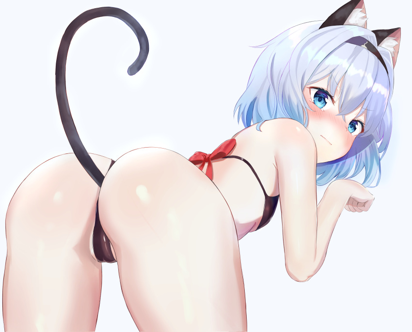 1girl absurdres albi animal_ear_fluff animal_ears ass bare_arms bare_shoulders bent_over black_bra black_panties blue_eyes blue_hair blush bra breasts cameltoe cat_ears cat_girl cat_tail closed_mouth commentary_request embarrassed from_behind frown hairband highres kemonomimi_mode korean_commentary looking_at_viewer looking_back nose_blush panties paw_pose red_ribbon ribbon ryuuou_no_oshigoto! short_hair simple_background small_breasts solo sora_ginko standing tail tail_raised tears thighs underwear v-shaped_eyebrows white_background