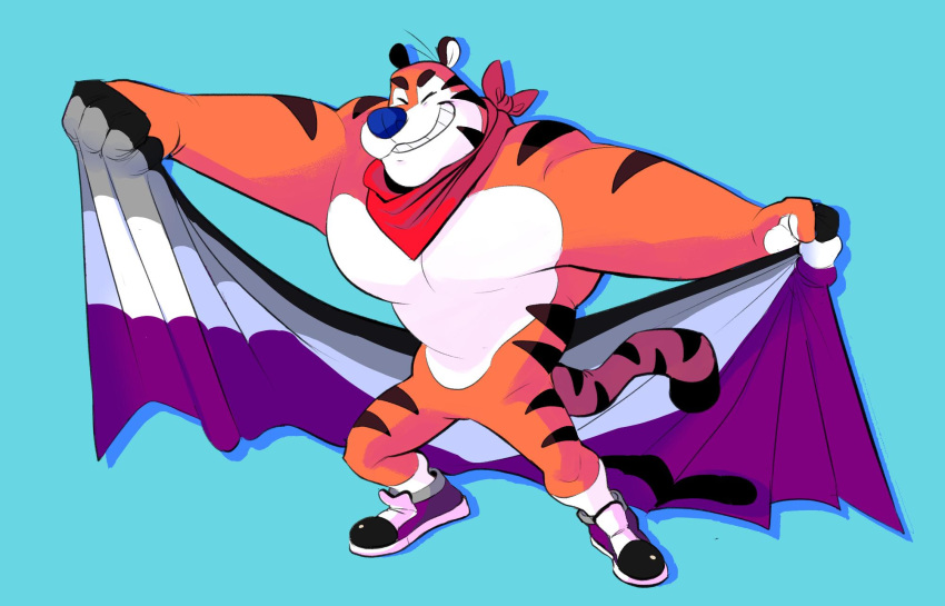 2019 anthro blue_nose clothing digital_media_(artwork) felid frosted_flakes fur hi_res kellogg's kemono lgbt_pride male mammal mascot muscular muscular_male pantherine plum_(artist) pride_colors simple_background solo stripes tiger tony_the_tiger