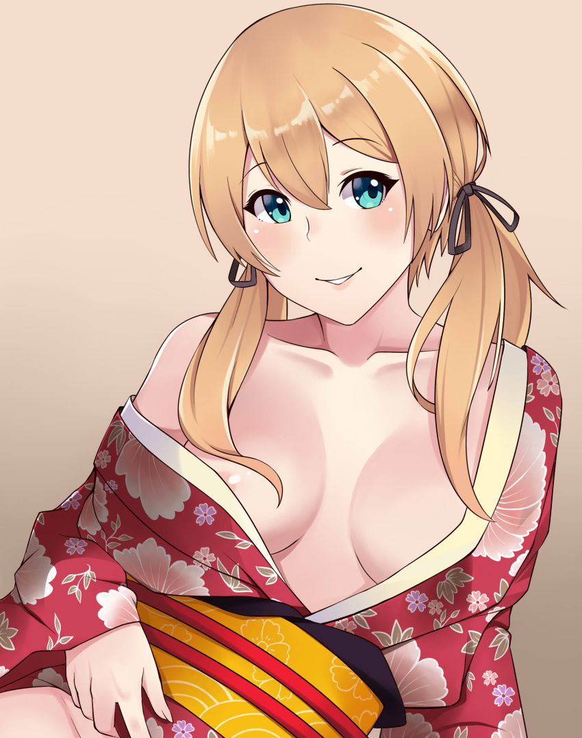 1girl aqua_eyes areola_slip areolae arm_at_side arm_support aslindsamure bangs bare_shoulders black_ribbon blue_eyes blush breasts breasts_apart clothes_lift collarbone eyebrows_visible_through_hair groin hair_between_eyes hair_ribbon highres japanese_clothes kantai_collection kimono kimono_lift lifted_by_self long_hair long_sleeves looking_to_the_side low_twintails no_panties obi off_shoulder orange_background paid_reward parted_lips prinz_eugen_(kantai_collection) ribbon sash sidelocks simple_background sitting smile solo teeth twintails upper_body wide_sleeves