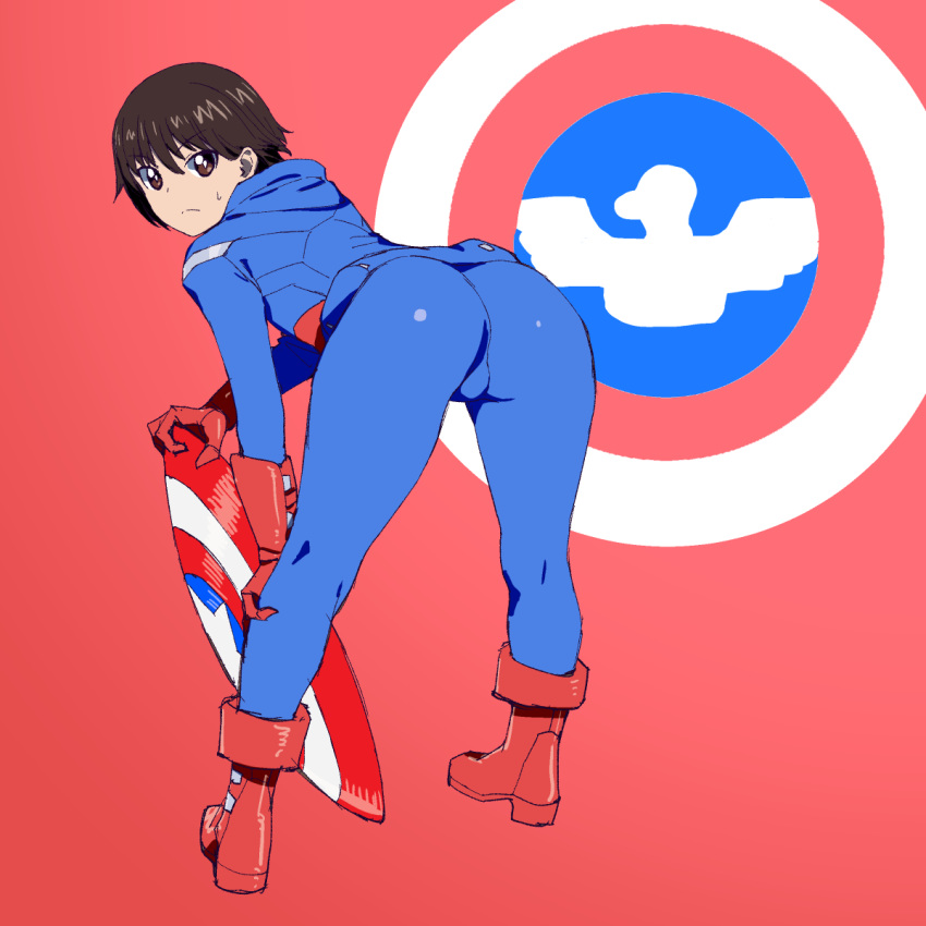 1girl ass blue_jacket blue_pants boots brown_eyes brown_hair captain_america captain_america_(cosplay) closed_mouth commentary cosplay emblem from_behind frown gauntlets girls_und_panzer gloves hand_on_own_leg highres holding_shield hood hood_down isobe_noriko jacket legs looking_at_viewer looking_back marvel onsen_tamago_(hs_egg) pants red_background red_footwear red_gloves shield short_hair solo standing sweatdrop trefoil