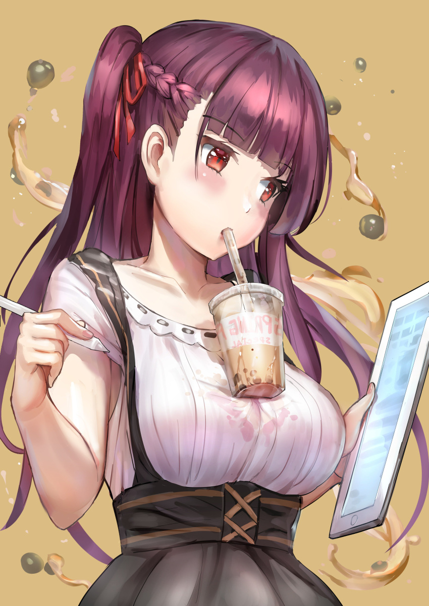 1girl absurdres bangs black_skirt blouse blush breasts bubble_tea bubble_tea_challenge cup disposable_cup drink drinking drinking_straw eyebrows_visible_through_hair girls_frontline hair_ribbon highres holding holding_pen holding_tablet_pc large_breasts long_hair object_on_breast one_side_up pen purple_hair qian_wu_atai red_eyes ribbon shirt sidelocks simple_background skirt solo suspender_skirt suspenders very_long_hair wa2000_(girls_frontline) white_blouse yellow_background