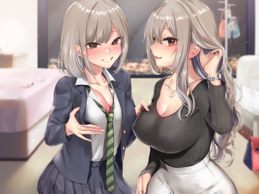 2girls blush breast_grab brown_eyes brown_hair long_hair necklace original sakiryo_kanna seifuku short_hair skirt tie yuri