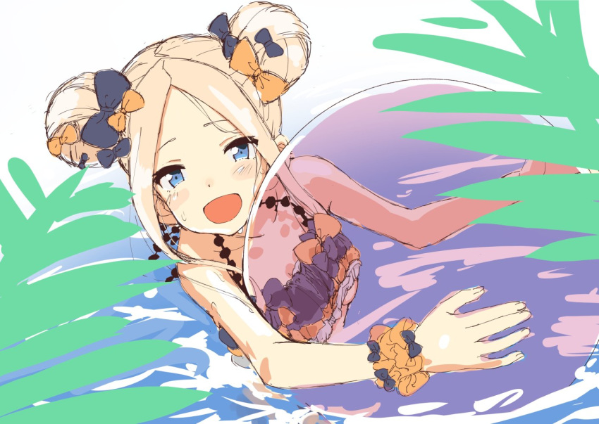 abigail_williams_(fate/grand_order) ball bangs beachball black_bow blue_eyes bow double_bun fate/grand_order fate_(series) frilled_tankini holding holding_ball iwasaki_takashi open_mouth orange_bow parted_bangs sketch swimsuit tankini wading water