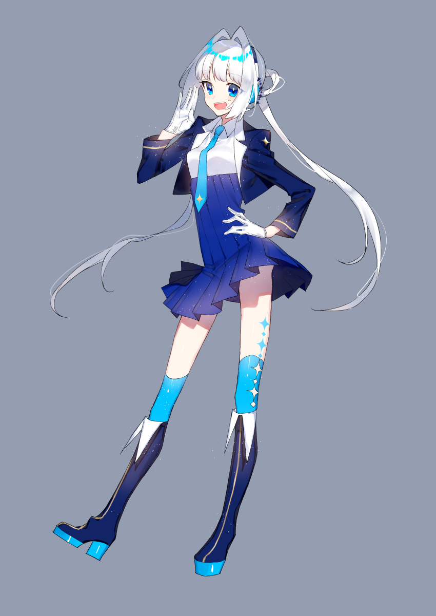 1girl :d absurdres ahoge bangs blue_dress blue_eyes blue_footwear blue_jacket blue_legwear blue_neckwear blush boots commentary dress eyebrows_visible_through_hair facing_viewer full_body gloves grey_background hand_on_hip hand_up headset highres jacket knee_boots long_hair long_sleeves looking_at_viewer necktie open_mouth original parted_hair satellite12 sidelocks simple_background smile standing teeth thighhighs very_long_hair white_gloves white_hair