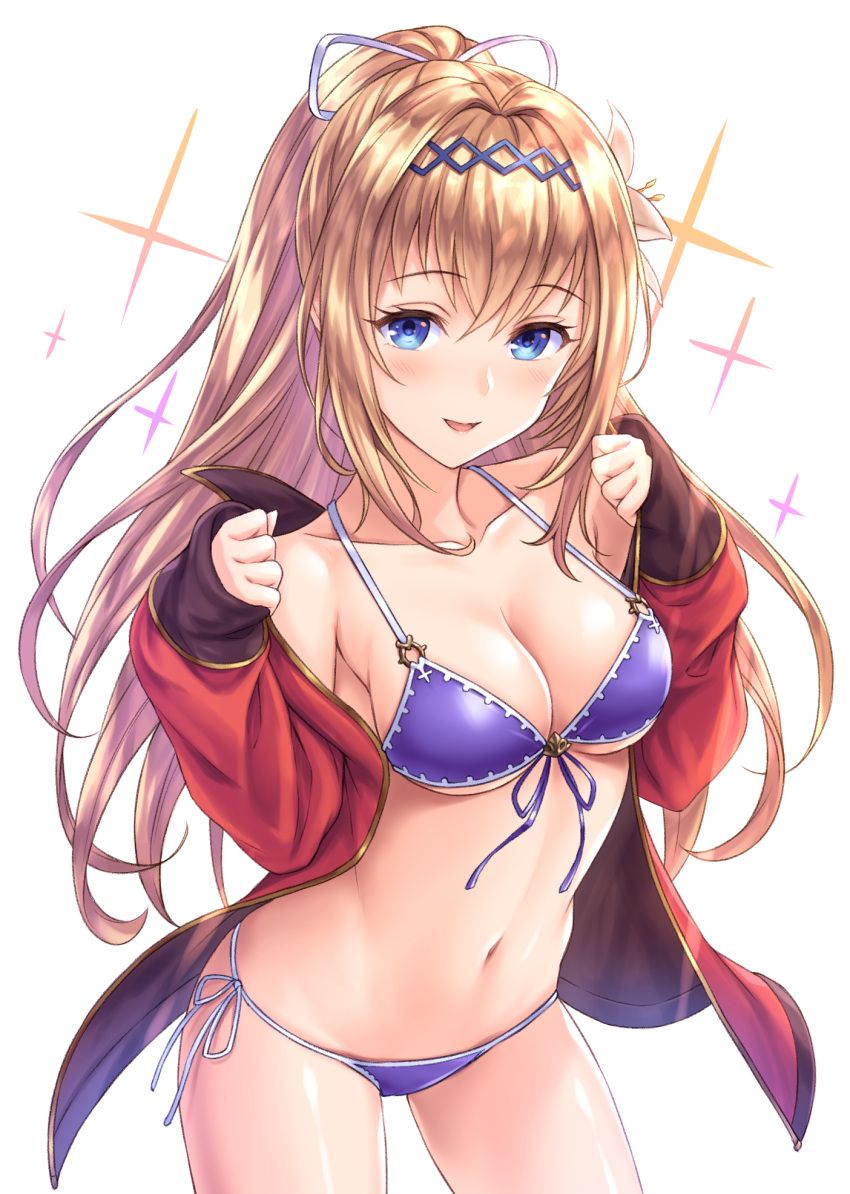 1girl bikini blonde_hair blue_eyes blush breasts collarbone commentary_request eyebrows_visible_through_hair granblue_fantasy hair_ribbon highres jeanne_d'arc_(granblue_fantasy) long_hair looking_at_viewer medium_breasts open_mouth ponytail purple_bikini ribbon side-tie_bikini simple_background smile solo swimsuit tomo_(user_hes4085) white_background white_ribbon