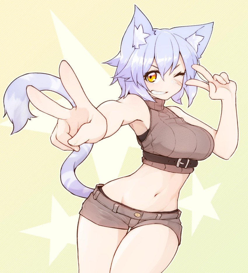 1girl absurdres animal_ear_fluff animal_ears bare_shoulders blue_hair blush breasts cat_ears cat_girl cat_tail double_v highres large_breasts looking_at_viewer midriff navel one_eye_closed open_mouth orange_eyes original pantyhose ryota_tentei scar short_hair shorts sleeveless smile solo tail tora_tentei v