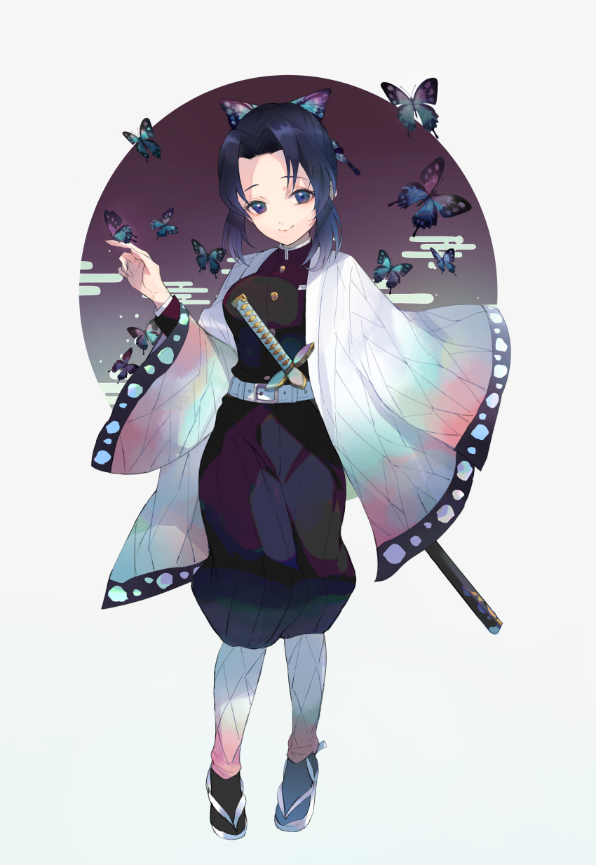 1girl absurdres animal bangs belt belt_buckle black_jacket black_legwear black_pants blue_eyes blue_hair buckle bug butterfly butterfly_hair_ornament closed_mouth commentary_request egasumi forehead full_body grey_background hair_ornament highres insect jacket katana kayanogura kimetsu_no_yaiba kochou_shinobu long_sleeves open_clothes pants parted_bangs puffy_pants sandals sheath sheathed smile socks solo standing sword weapon white_belt white_footwear wide_sleeves