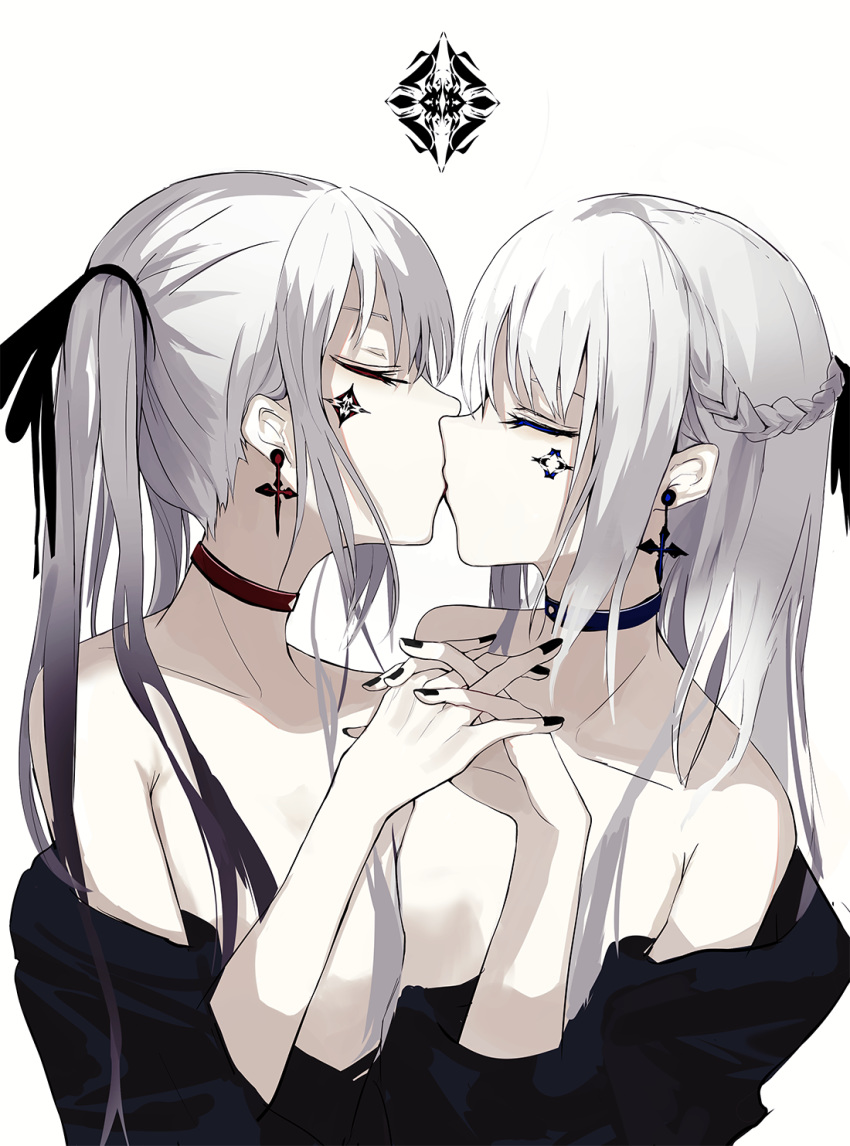 2girls bangs beckzawachi black_clothes braid choker closed_eyes collarbone commentary earrings facial_mark fingernails from_side hair_between_eyes hair_ornament hair_ribbon highres holding_hands jewelry kiss multiple_girls nail_polish original ribbom ribbon simple_background upper_body white_background white_hair yuri