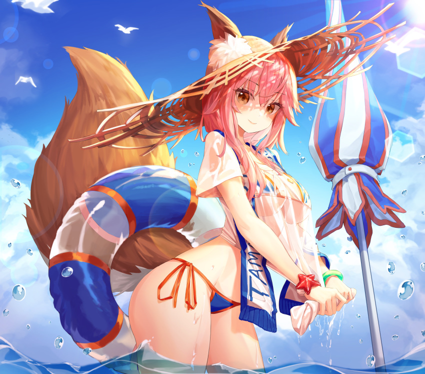 1girl absurdres animal animal_ear_fluff animal_ears bangle bikini bird blue_bikini blue_sky bracelet breasts brown_eyes cleavage cloud day fate/grand_order fate_(series) fox_ears fox_girl fox_tail hat highres holding holding_umbrella innertube jewelry large_breasts lens_flare long_hair looking_at_viewer munseonghwa no_pants outdoors pink_hair sash see-through shirt side-tie_bikini sky smile solo straw_hat sunlight swimsuit tail tamamo_(fate)_(all) tamamo_no_mae_(swimsuit_lancer)_(fate) umbrella wading water wet wet_clothes wet_shirt white_shirt