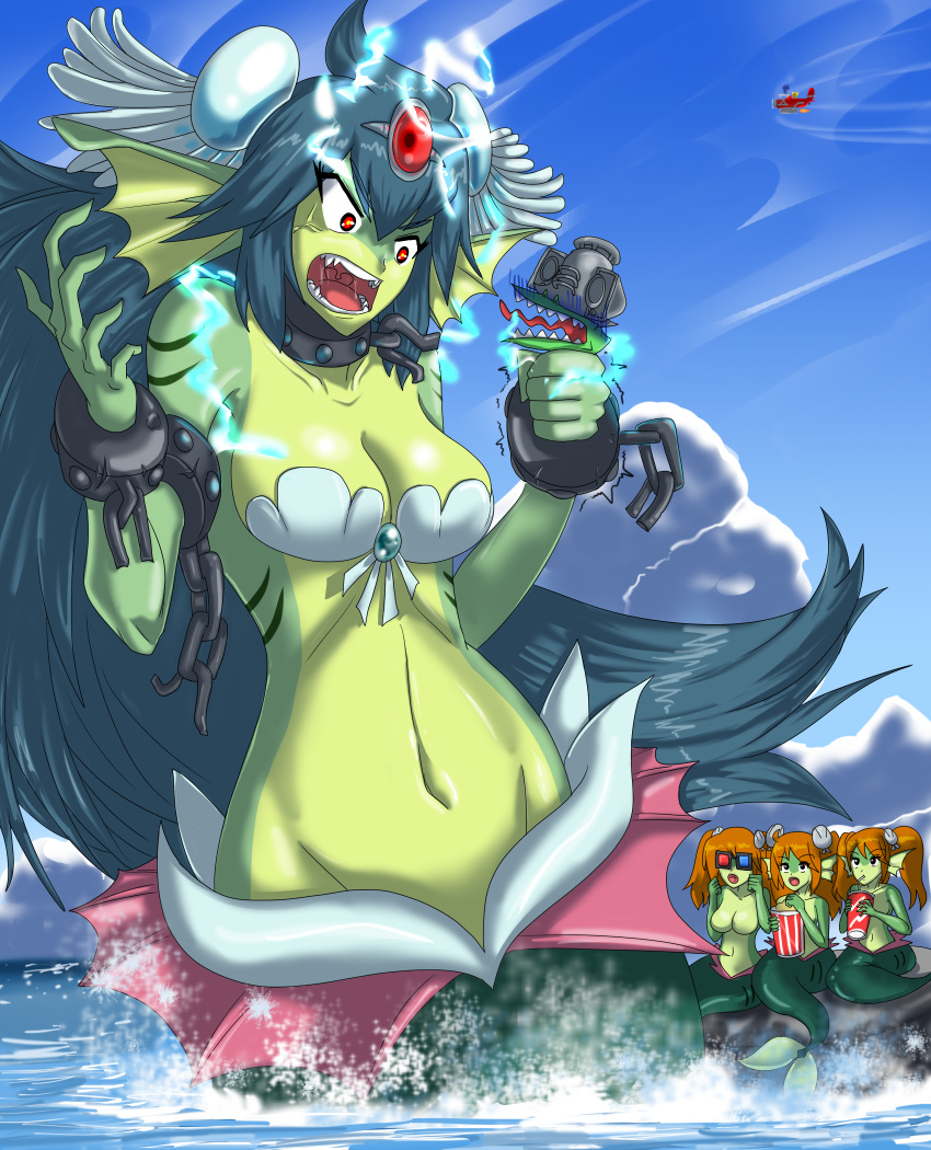 1boy 3d_glasses 4girls aircraft airplane anger_vein angry blue_hair breasts cleavage crushing cup disposable_cup electricity fins food giantess giga_mermaid green_skin highres mermaid monster_girl multiple_girls no_nipples ocean popcorn red_eyes rock shantae_(series) size_difference splashing techno_baron user_tnce8582