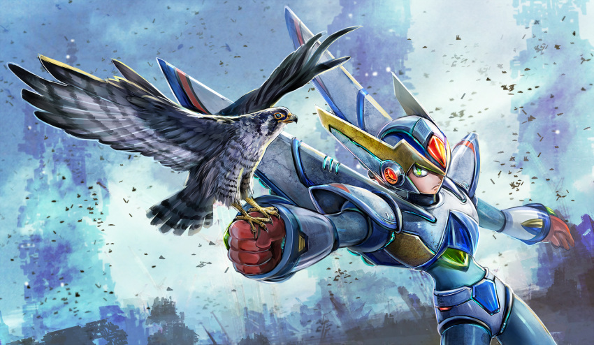 1boy android bird bird_of_prey clenched_hand commentary_request cowboy_shot dutch_angle falcon gloves green_eyes helmet kiwakiwa looking_to_the_side male_focus object_namesake outstretched_arm peregrine_falcon power_armor red_gloves revision rockman rockman_x rockman_x5 serious x_(rockman)