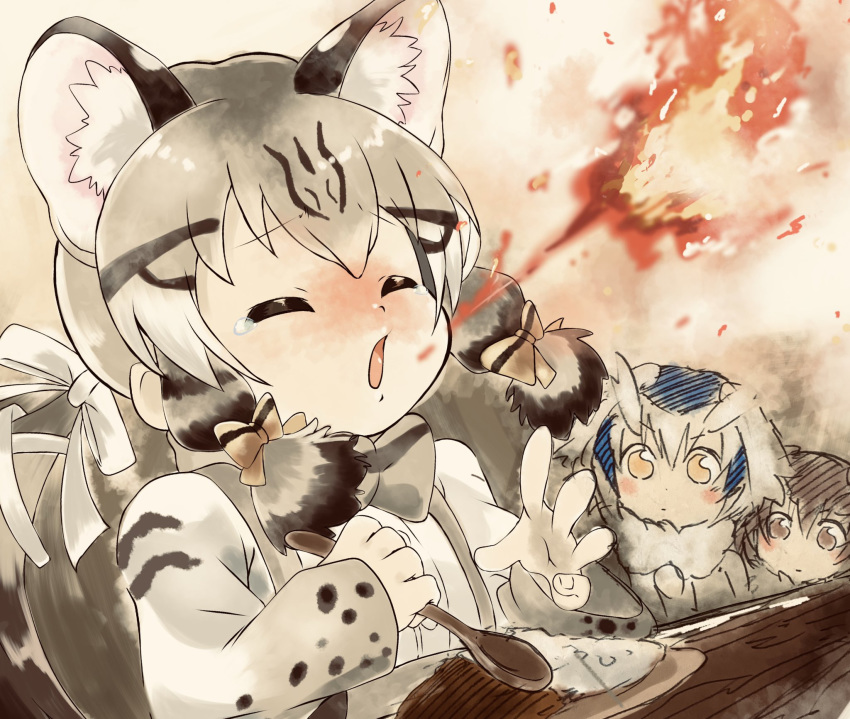 3girls animal_ear_fluff animal_ears blonde_hair blush breathing_fire brown_hair cat_ears closed_eyes commentary curry curry_rice eurasian_eagle_owl_(kemono_friends) extra_ears fire food geoffroy's_cat_(kemono_friends) hair_ribbon hakoneko_(marisa19899200) highres holding holding_spoon kemono_friends long_hair long_sleeves looking_at_another multicolored_hair multiple_girls northern_white-faced_owl_(kemono_friends) open_mouth ribbon rice sketch solo_focus spicy spoon tears two-tone_hair white_ribbon