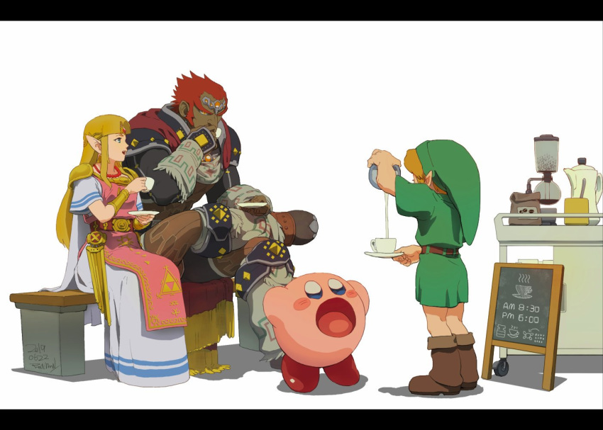 1girl assemblerones bead_necklace beads blue_eyes blush bracer circlet coffee cup dark_skin forehead_jewel full_body ganondorf gerudo hat jewelry kirby kirby_(series) link long_hair necklace pointy_ears princess_zelda red_hair short_hair smile super_smash_bros. the_legend_of_zelda the_legend_of_zelda:_a_link_between_worlds the_legend_of_zelda:_majora's_mask the_legend_of_zelda:_ocarina_of_time tiara triforce tunic young_link