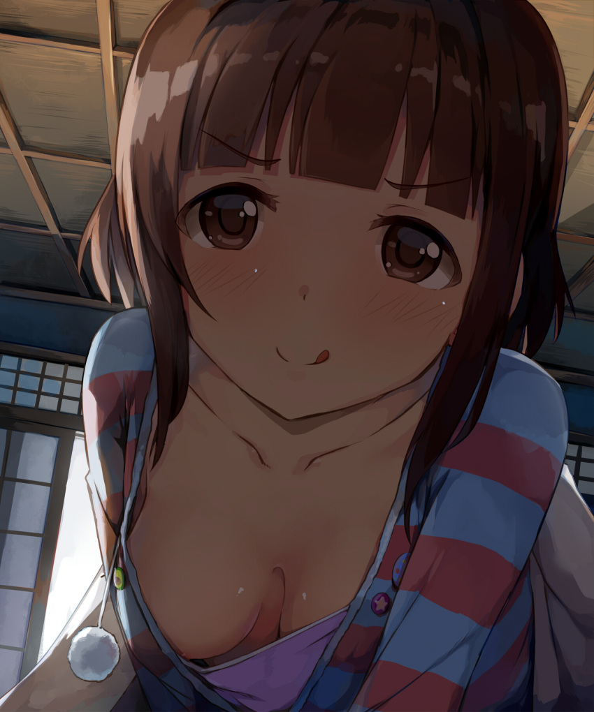 1girl :q areola_slip areolae backlighting bangs blunt_bangs blush breasts brown_eyes brown_hair camisole closed_mouth collarbone commentary_request day downblouse drawstring dutch_angle eyebrows_visible_through_hair highres idolmaster idolmaster_cinderella_girls indoors kitami_yuzu leaning_forward long_hair looking_at_viewer medium_breasts purple_camisole seneto sidelocks smile solo striped_jacket tongue tongue_out v-shaped_eyebrows