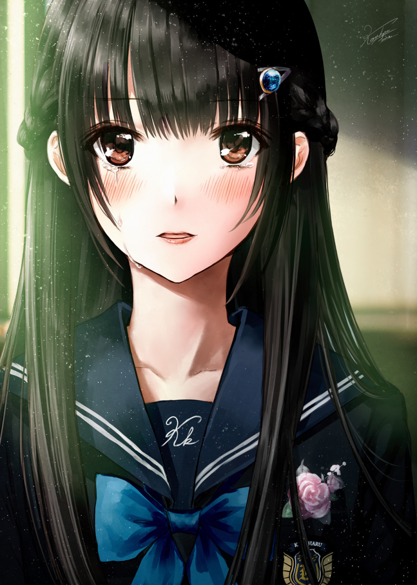 1girl bangs black_hair black_shirt blue_bow blue_sailor_collar blurry blurry_background blush bow braid brown_eyes collarbone commentary_request crying crying_with_eyes_open depth_of_field dust_particles emblem eyebrows_visible_through_hair flower french_braid gem hair_ornament hairclip highres indoors kazuharu_kina lips long_hair looking_at_viewer original parted_lips pink_flower pink_rose rose sailor_collar sapphire_(gemstone) school_uniform serafuku shirt signature solo straight_hair streaming_tears tears upper_body