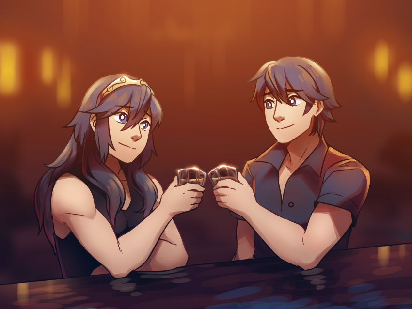 1boy 1girl absurdres alcohol bar blue_eyes drink father's_day father_and_daughter fire_emblem fire_emblem:_kakusei frogbians hair_ornament highres krom long_hair lucina shirt short_hair smile
